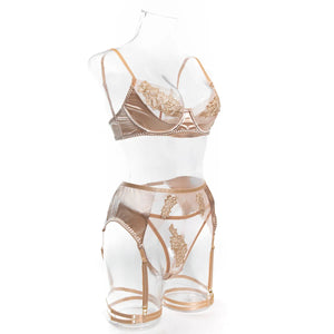 Lace Lingerie Set – 3-Piece Satin & Sheer Garter Outfit with Embroidered Floral Panels - Witty Cheeks, Rave Festival Outfit and Sexy Lingerie