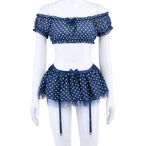 Polka Dot Lingerie Set – 5-Piece Off-Shoulder Top, Skirt, Thong & Stockings, Romantic & Exotic Intimate Gift - Witty Cheeks, Rave Festival Outfit and Sexy Lingerie