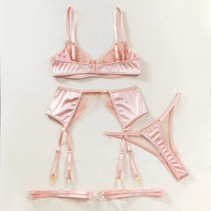 Lace Lingerie Set – 3-Piece Satin & Sheer Garter Outfit with Embroidered Floral Panels - Witty Cheeks, Rave Festival Outfit and Sexy Lingerie