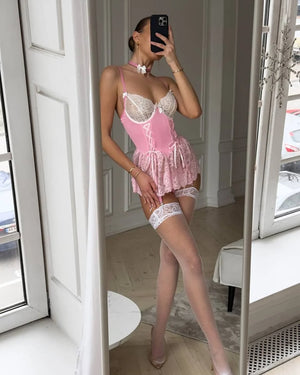 Pink Lace Corset Lingerie Dress Set with Stockings – Coquette-Inspired Babydoll - Witty Cheeks, Rave Festival Outfit and Sexy Lingerie