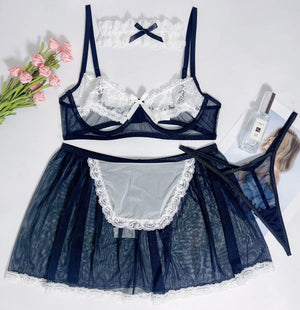 French Maid Costume Lingerie Set- Cosplay Sheer Mesh Roleplay - Witty Cheeks, Rave Festival Outfit and Sexy Lingerie