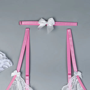 Pink Lace Corset Lingerie Dress Set with Stockings – Coquette-Inspired Babydoll - Witty Cheeks, Rave Festival Outfit and Sexy Lingerie