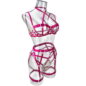 Harness Lingerie – Strappy Pink Embroidered Bra & Garter Set for Rave & Boudoir - Witty Cheeks, Rave Festival Outfit and Sexy Lingerie