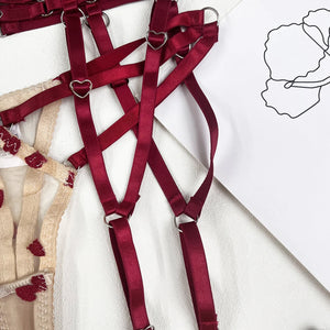 Harness Lingerie – Strappy Pink Embroidered Bra & Garter Set for Rave & Boudoir - Witty Cheeks, Rave Festival Outfit and Sexy Lingerie