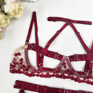 Harness Lingerie – Strappy Pink Embroidered Bra & Garter Set for Rave & Boudoir - Witty Cheeks, Rave Festival Outfit and Sexy Lingerie