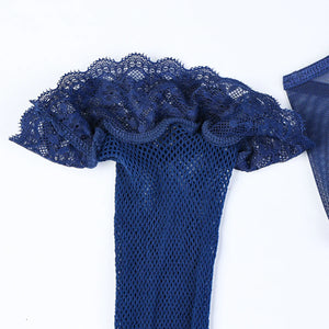 Navy Blue Lace-Up Lingerie Bodysuit with Stockings – Sexy for Bedroom & Boudoir - Witty Cheeks, Rave Festival Outfit and Sexy Lingerie