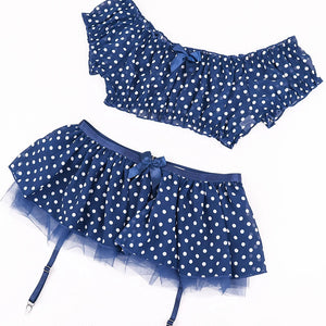 Polka Dot Lingerie Set – 5-Piece Off-Shoulder Top, Skirt, Thong & Stockings, Romantic & Exotic Intimate Gift - Witty Cheeks, Rave Festival Outfit and Sexy Lingerie