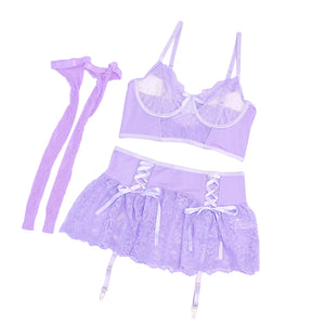 Lavender Lace Lingerie Set – Sheer Bra & Skirted Garter Set for Boudoir, Raves - Witty Cheeks, Rave Festival Outfit and Sexy Lingerie