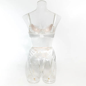 Lace Lingerie Set – 3-Piece Satin & Sheer Garter Outfit with Embroidered Floral Panels - Witty Cheeks, Rave Festival Outfit and Sexy Lingerie