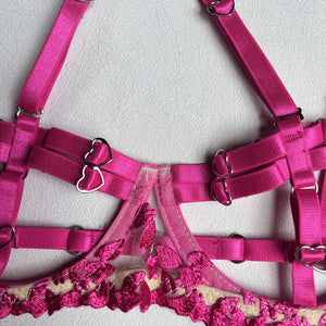 Harness Lingerie – Strappy Pink Embroidered Bra & Garter Set for Rave & Boudoir - Witty Cheeks, Rave Festival Outfit and Sexy Lingerie