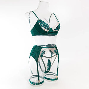 Lace Lingerie Set – 3-Piece Satin & Sheer Garter Outfit with Embroidered Floral Panels - Witty Cheeks, Rave Festival Outfit and Sexy Lingerie