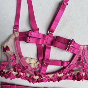 Harness Lingerie – Strappy Pink Embroidered Bra & Garter Set for Rave & Boudoir - Witty Cheeks, Rave Festival Outfit and Sexy Lingerie