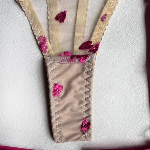 Harness Lingerie – Strappy Pink Embroidered Bra & Garter Set for Rave & Boudoir - Witty Cheeks, Rave Festival Outfit and Sexy Lingerie