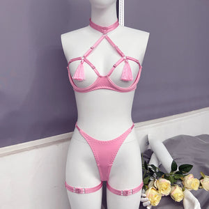 Tease Tamer Tassel Lingerie Set –Crotchless Strappy Open Bra Lingerie Rave, Boudoir & Wild Nights In - Witty Cheeks, Rave Festival Outfit and Sexy Lingerie