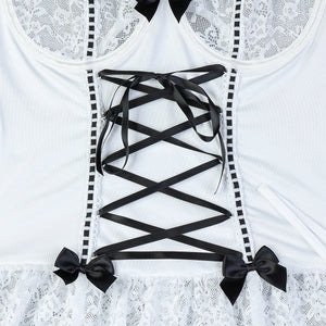 White Corset Lingerie Set – Lace-Up Bustier with Garters & Thong, Sexy Elegant - Witty Cheeks, Rave Festival Outfit and Sexy Lingerie