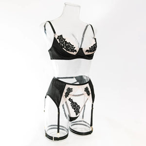 Lace Lingerie Set – 3-Piece Satin & Sheer Garter Outfit with Embroidered Floral Panels - Witty Cheeks, Rave Festival Outfit and Sexy Lingerie