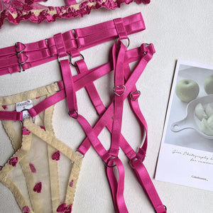 Harness Lingerie – Strappy Pink Embroidered Bra & Garter Set for Rave & Boudoir - Witty Cheeks, Rave Festival Outfit and Sexy Lingerie