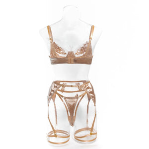 Lace Lingerie Set – 3-Piece Satin & Sheer Garter Outfit with Embroidered Floral Panels - Witty Cheeks, Rave Festival Outfit and Sexy Lingerie