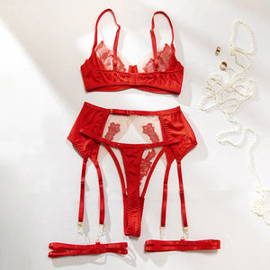 Lace Lingerie Set – 3-Piece Satin & Sheer Garter Outfit with Embroidered Floral Panels - Witty Cheeks, Rave Festival Outfit and Sexy Lingerie