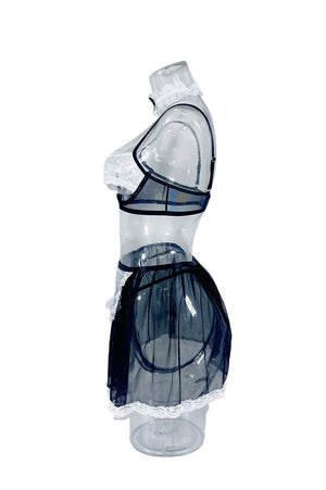 French Maid Costume Lingerie Set- Cosplay Sheer Mesh Roleplay - Witty Cheeks, Rave Festival Outfit and Sexy Lingerie