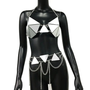 Mirror Triangle Rave outfit– Reflective PU Leather Set with Chains - Witty Cheeks, Rave Festival Outfit and Sexy Lingerie