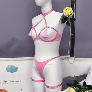 Tease Tamer Tassel Lingerie Set –Crotchless Strappy Open Bra Lingerie Rave, Boudoir & Wild Nights In - Witty Cheeks, Rave Festival Outfit and Sexy Lingerie