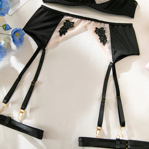 Lace Lingerie Set – 3-Piece Satin & Sheer Garter Outfit with Embroidered Floral Panels - Witty Cheeks, Rave Festival Outfit and Sexy Lingerie