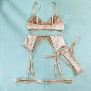 Lace Lingerie Set – 3-Piece Satin & Sheer Garter Outfit with Embroidered Floral Panels - Witty Cheeks, Rave Festival Outfit and Sexy Lingerie