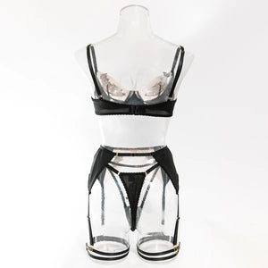 Lace Lingerie Set – 3-Piece Satin & Sheer Garter Outfit with Embroidered Floral Panels - Witty Cheeks, Rave Festival Outfit and Sexy Lingerie