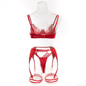 Lace Lingerie Set – 3-Piece Satin & Sheer Garter Outfit with Embroidered Floral Panels - Witty Cheeks, Rave Festival Outfit and Sexy Lingerie