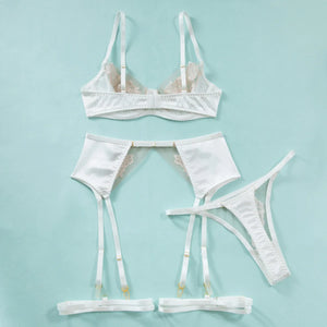 Lace Lingerie Set – 3-Piece Satin & Sheer Garter Outfit with Embroidered Floral Panels - Witty Cheeks, Rave Festival Outfit and Sexy Lingerie