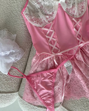 Pink Lace Corset Lingerie Dress Set with Stockings – Coquette-Inspired Babydoll - Witty Cheeks, Rave Festival Outfit and Sexy Lingerie