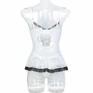 White Corset Lingerie Set – Lace-Up Bustier with Garters & Thong, Sexy Elegant - Witty Cheeks, Rave Festival Outfit and Sexy Lingerie