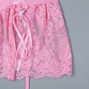 Pink Lace Corset Lingerie Dress Set with Stockings – Coquette-Inspired Babydoll - Witty Cheeks, Rave Festival Outfit and Sexy Lingerie