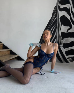 Navy Blue Lace-Up Lingerie Bodysuit with Stockings – Sexy for Bedroom & Boudoir - Witty Cheeks, Rave Festival Outfit and Sexy Lingerie