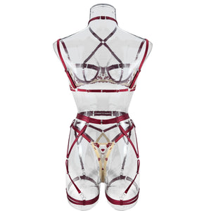 Harness Lingerie – Strappy Pink Embroidered Bra & Garter Set for Rave & Boudoir - Witty Cheeks, Rave Festival Outfit and Sexy Lingerie