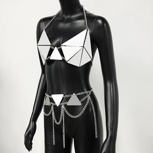 Mirror Triangle Rave outfit– Reflective PU Leather Set with Chains - Witty Cheeks, Rave Festival Outfit and Sexy Lingerie