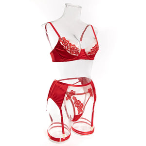 Lace Lingerie Set – 3-Piece Satin & Sheer Garter Outfit with Embroidered Floral Panels - Witty Cheeks, Rave Festival Outfit and Sexy Lingerie