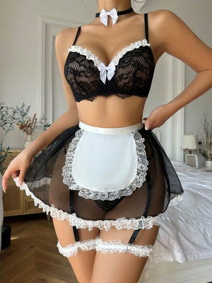 French Maid Costume Lingerie – Erotic Set with Lace Bra, Sheer Skirt & Accessories - Witty Cheeks, Rave Festival Outfit and Sexy Lingerie