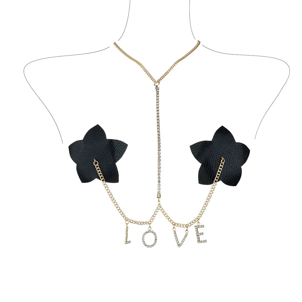 RAVE PASTIES OUTFIT, Heart Shape Tassel Leather Nipple Cover with Metal Chain