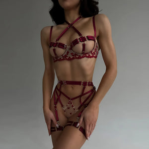Harness Lingerie – Strappy Pink Embroidered Bra & Garter Set for Rave & Boudoir - Witty Cheeks, Rave Festival Outfit and Sexy Lingerie