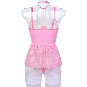 Pink Lace Corset Lingerie Dress Set with Stockings – Coquette-Inspired Babydoll - Witty Cheeks, Rave Festival Outfit and Sexy Lingerie