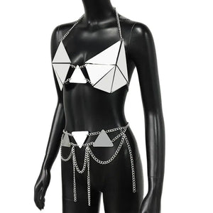 Mirror Triangle Rave outfit– Reflective PU Leather Set with Chains - Witty Cheeks, Rave Festival Outfit and Sexy Lingerie