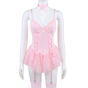 Pink Corset Lingerie Set 5-Piece Lace Dress for Boudoir & Costume - Witty Cheeks, Rave Festival Outfit and Sexy Lingerie