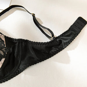 Lace Lingerie Set – 3-Piece Satin & Sheer Garter Outfit with Embroidered Floral Panels - Witty Cheeks, Rave Festival Outfit and Sexy Lingerie