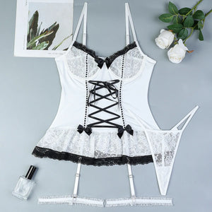 White Corset Lingerie Set – Lace-Up Bustier with Garters & Thong, Sexy Elegant - Witty Cheeks, Rave Festival Outfit and Sexy Lingerie