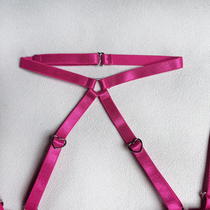 Harness Lingerie – Strappy Pink Embroidered Bra & Garter Set for Rave & Boudoir - Witty Cheeks, Rave Festival Outfit and Sexy Lingerie