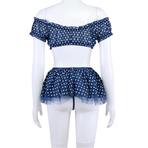 Polka Dot Lingerie Set – 5-Piece Off-Shoulder Top, Skirt, Thong & Stockings, Romantic & Exotic Intimate Gift - Witty Cheeks, Rave Festival Outfit and Sexy Lingerie