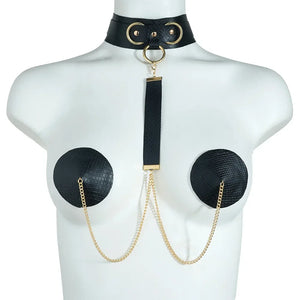Chain Collar & Pasties Set – Bold Black & Gold Body Accessory - Witty Cheeks, Rave Festival Outfit and Sexy Lingerie