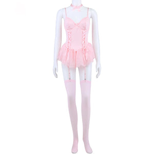 Pink Corset Lingerie Set 5-Piece Lace Dress for Boudoir & Costume - Witty Cheeks, Rave Festival Outfit and Sexy Lingerie